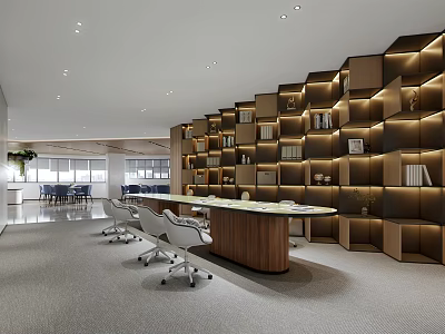 Modern Reception Area Design With Wooden Desk Office Chairs And Bookshelves In Contemporary Office 3d model