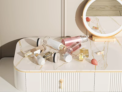 Perfume and Cosmetics Display on White Dressing Table with Marble Countertop and Round Mirror 3d model