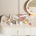 Perfume and Cosmetics Display on White Dressing Table with Marble Countertop and Round Mirror