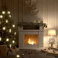 Festive Christmas Living Room With White Fireplace Flames Gold Ornaments Tree Green Garland And Gifts