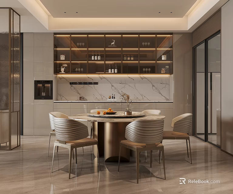 Elegant Modern Dining Room Interior With Round Table Marble Countertop And Cabinets 3d model 