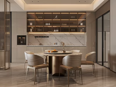 Elegant Modern Dining Room Interior With Round Table Marble Countertop And Cabinets 3d model
