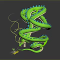 Fantasy Green Dragon Game Character With Long Body Blue Accents And Yellow Sparkles