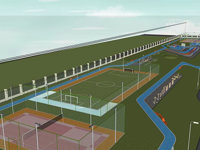 Basketball Gymnasium Exterior Featuring Surrounding Sports Courts Fenced Area And Pathways 3d model