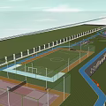 Basketball Gymnasium Exterior Featuring Surrounding Sports Courts Fenced Area And Pathways