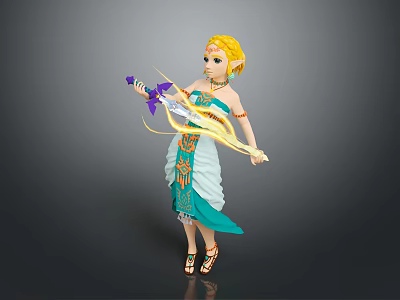 Mythical Elven Character With Golden Hair In Teal Outfit Holding Bow And Purple Arrow 3d model