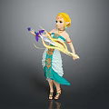 Mythical Elven Character With Golden Hair In Teal Outfit Holding Bow And Purple Arrow