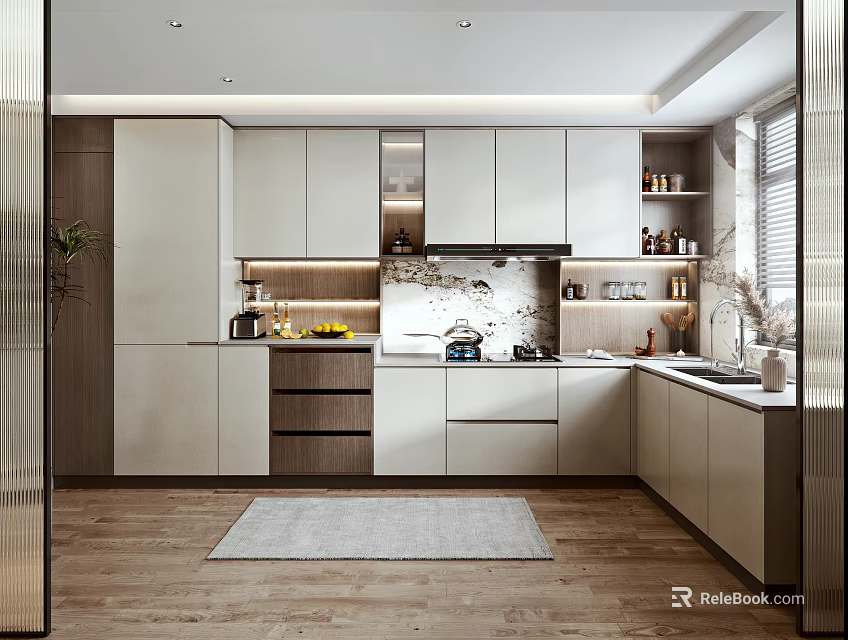 Modern Kitchen Interior With Light Cabinets Countertops Wooden Flooring And Window Blinds 3d model 