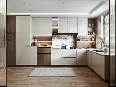 Modern Kitchen Interior With Light Cabinets Countertops Wooden Flooring And Window Blinds 3d model