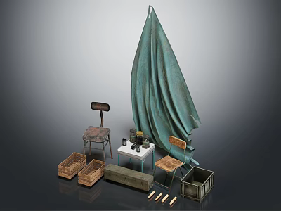 Cozy Vintage Lounge Chair With Green Cloth Wooden Crates And Small Table Decor 3d model