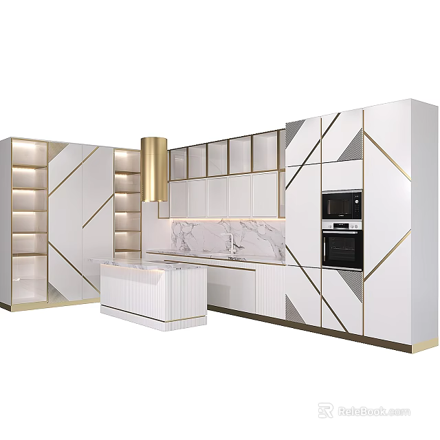 Modern Kitchen Design With White Cabinets Gold Accents And Marble Island 3d model 
