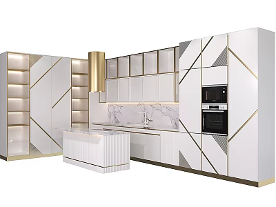 Modern Kitchen Design With White Cabinets Gold Accents And Marble Island 3d model