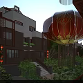 Modern Townhouse Evening Exterior With Lit Windows Greenery And Staircase
