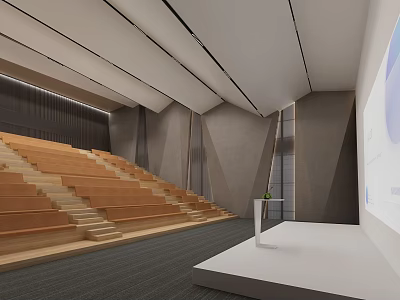 Modern Cinema Interior With Wooden Staircase Seating Gray Walls And Large Screen 3d model