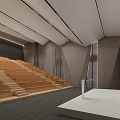 Modern Cinema Interior With Wooden Staircase Seating Gray Walls And Large Screen
