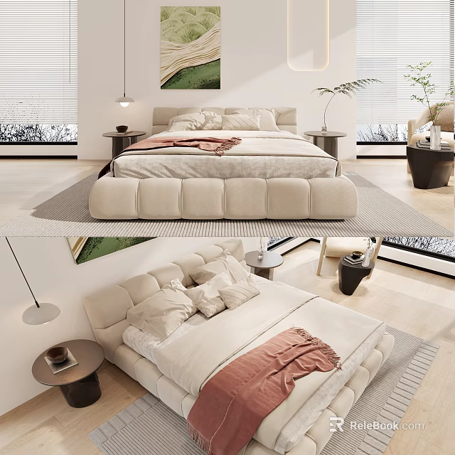 Minimalist Beige Double Bed with Upholstered Headboard Soft Pillows and Bedside Lamp 3d model 