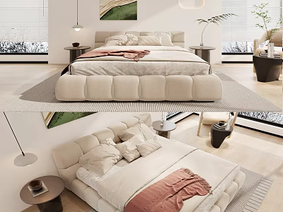Minimalist Beige Double Bed with Upholstered Headboard Soft Pillows and Bedside Lamp 3d model