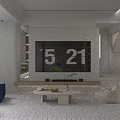 Modern Minimalist Cream Tone Living And Dining Room With Cozy Seats And Large Display Wall