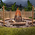 Cozy Campsite With Central Bonfire Log Seats String Lights Bamboo Fence Greenery And Mountain View