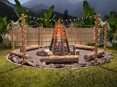 Cozy Campsite With Central Bonfire Log Seats String Lights Bamboo Fence Greenery And Mountain View 3d model