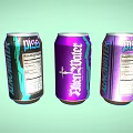 Vibrant Purple And Black Beverage Cans With Blue Water Miss Labels