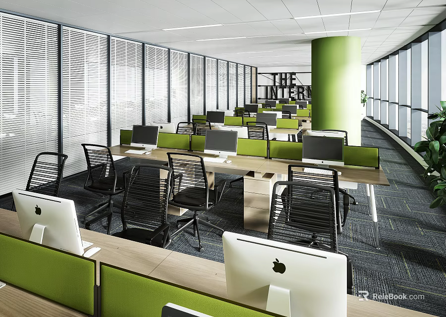 Modern Public Office Space With Green Column Desks Computers Chairs And Large Windows 3d model 