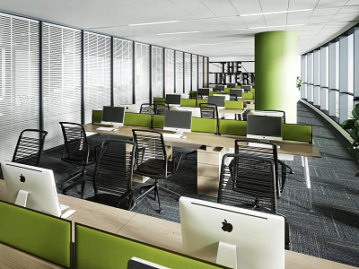 Modern Public Office Space With Green Column Desks Computers Chairs And Large Windows 3d model
