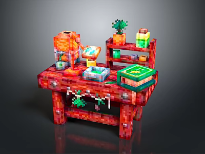 Colorful Pixel Cartoon Scene With Red Table Orange Character Green Plant Yellow Bottle And Book 3d model