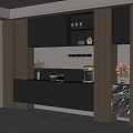 Modern Elegant Sideboard With Gray Cabinets Wood Panels Marble Top And Decorative Vases Coffee Machine