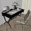 Modern Home Desk With Globe Books Flower Vase And Beige Chair On Herringbone Wooden Floor