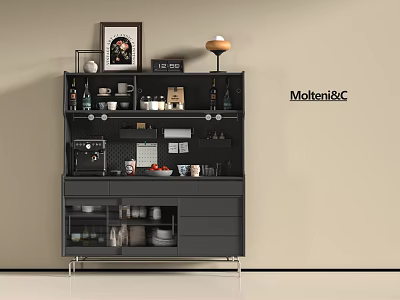 Modern Black and Gray Sideboard With Shelves Drawers and Decor Items Including Vases Coffee Machine 3d model