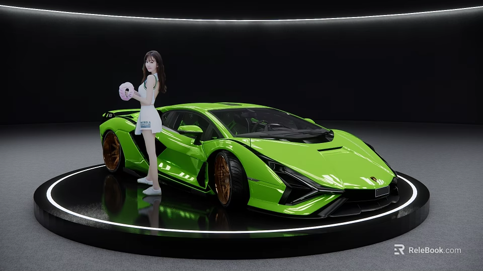 Green Lamborghini Sports Car with Female Model Holding Pink Ball on Black Circular Display Platform 3d model 