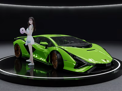 Green Lamborghini Sports Car with Female Model Holding Pink Ball on Black Circular Display Platform 3d model