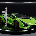 Green Lamborghini Sports Car with Female Model Holding Pink Ball on Black Circular Display Platform