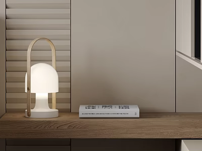 Decorative Ornament Set With White Table Lamp Wooden Handle And White Book On Wooden Shelf 3d model
