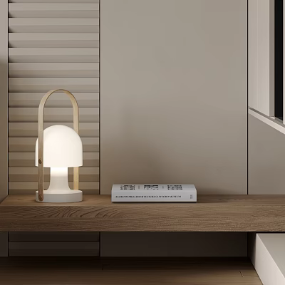 Decorative Ornament Set With White Table Lamp Wooden Handle And White Book On Wooden Shelf 3d model