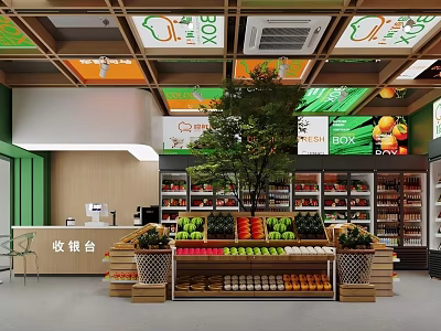 Modern Bright Fruit Shop Interior With Neat Fresh Produce Display And Functional Checkout Counter 3d model