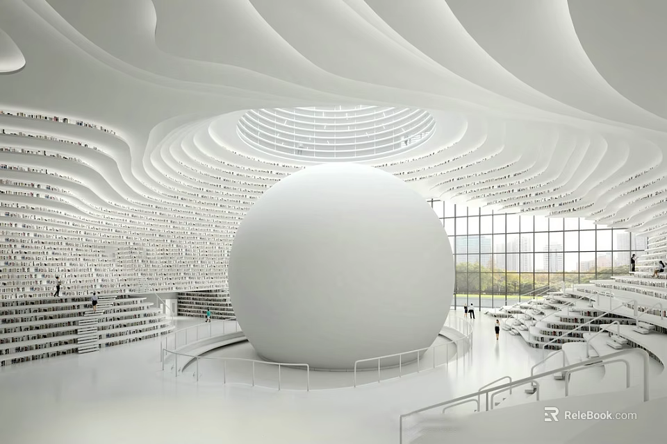 Artistic Library Interior Design With White Sphere Curved Bookshelves Wavy Ceiling And Large Windows 3d model 