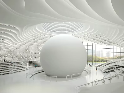 Artistic Library Interior Design With White Sphere Curved Bookshelves Wavy Ceiling And Large Windows 3d model