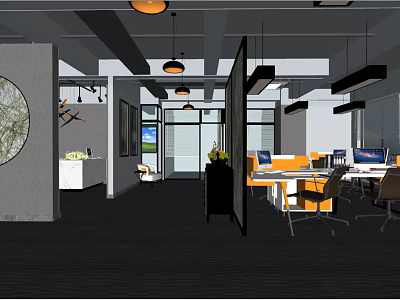 Modern Public Office Interior Design With Open Layout Desks Chairs Computers And Pendant Lights 3d model