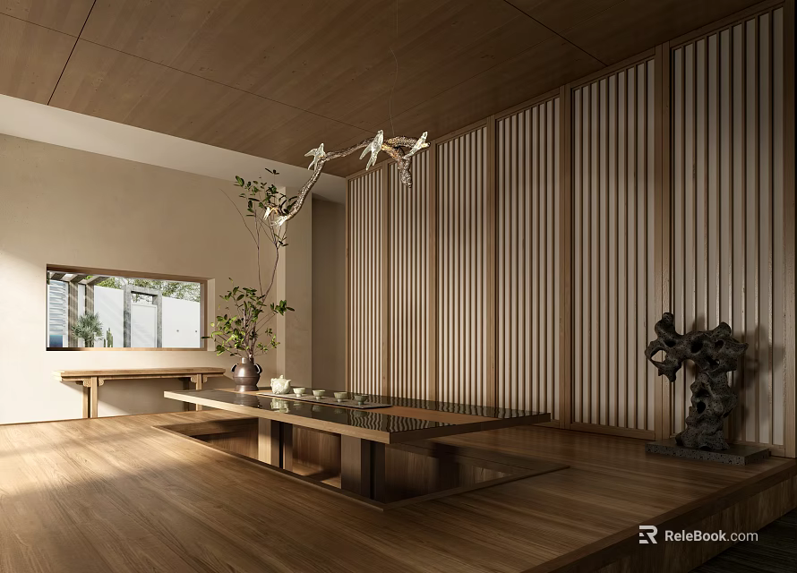 Modern Tea Room Interior With Wooden Design Hanging Chandelier And Vertical Slats Wall 3d model 