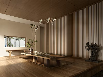 Modern Tea Room Interior With Wooden Design Hanging Chandelier And Vertical Slats Wall 3d model