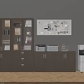 Brown Wooden Filing Cabinet With Glass Doors Drawers And Office Printer Bulletin Board