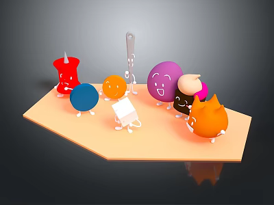Colorful Cartoon Characters and Creatures with Smiling Faces and Various Shapes on Light Platform 3d model
