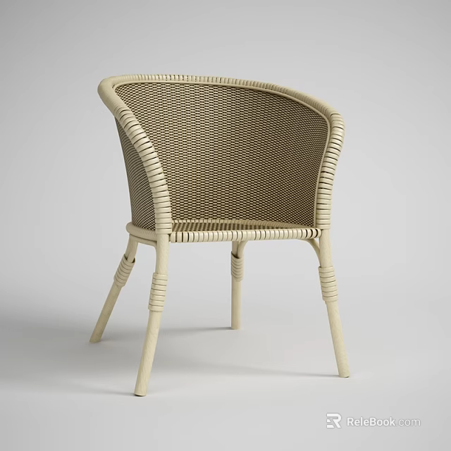 Beige Wicker Chair With Curved Armrests And Woven Seat Design 3d model 