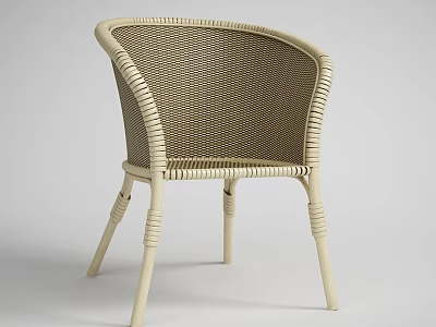 Beige Wicker Chair With Curved Armrests And Woven Seat Design 3d model