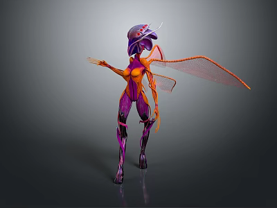 Fantasy Sci Fi Game Character With Purple Orange Armored Body And Transparent Wings 3d model