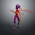 Fantasy Sci Fi Game Character With Purple Orange Armored Body And Transparent Wings