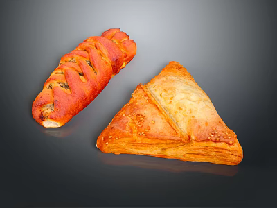 Freshly Baked Braided Bread And Triangular Flaky Pastry On 3d model
