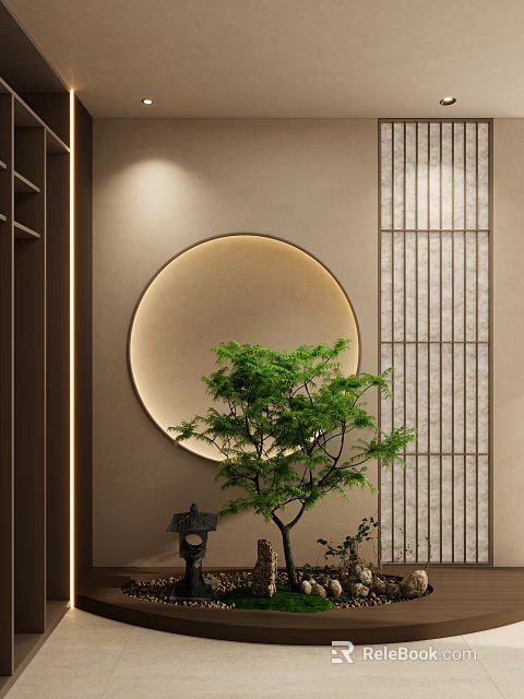Entryway Hallway Design with Round Illuminated Decor Green Plant and Lattice Screen 3d model 
